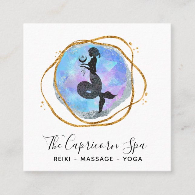 *~* Opal Capricorn Mermaid Gold Geometric Goddess Square Business Card (Front)
