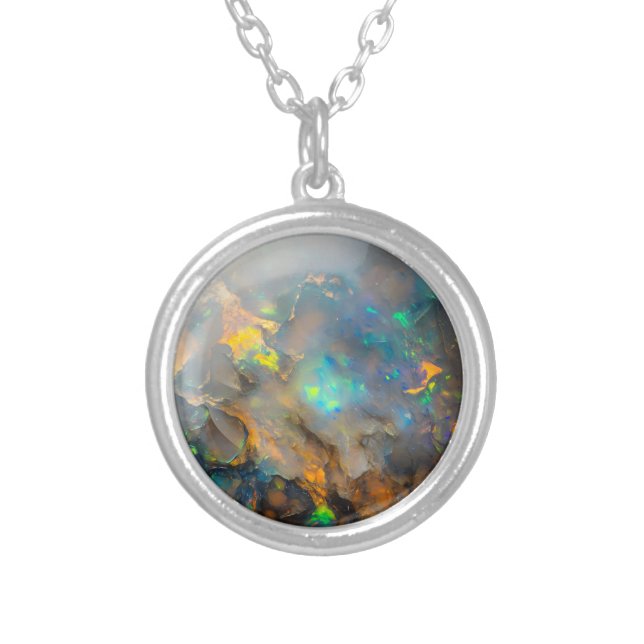 Opal Color Gemstone Pattern Silver Plated Necklace (Front)