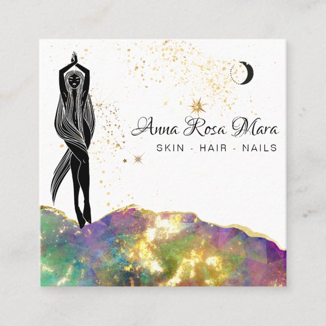 *~* Opal Crystal Gold Glitter QR Goddess Square Business Card (Front)