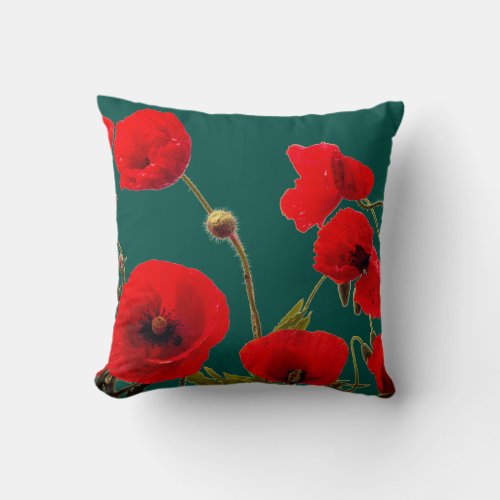 Opal Cyan Deep Colorful Red Poppy Flower Floral Throw Pillow