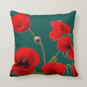 Opal Cyan Deep Colorful Red Poppy Flower Floral Throw Pillow