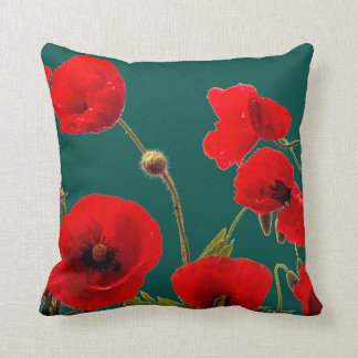 Opal Cyan Deep Colorful Red Poppy Flower Floral Throw Pillow