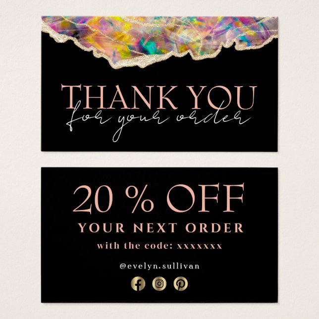 Opal design black thank you discount card (Front & Back)