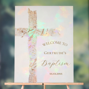 opal design faux foil cross Baptism welcome sign