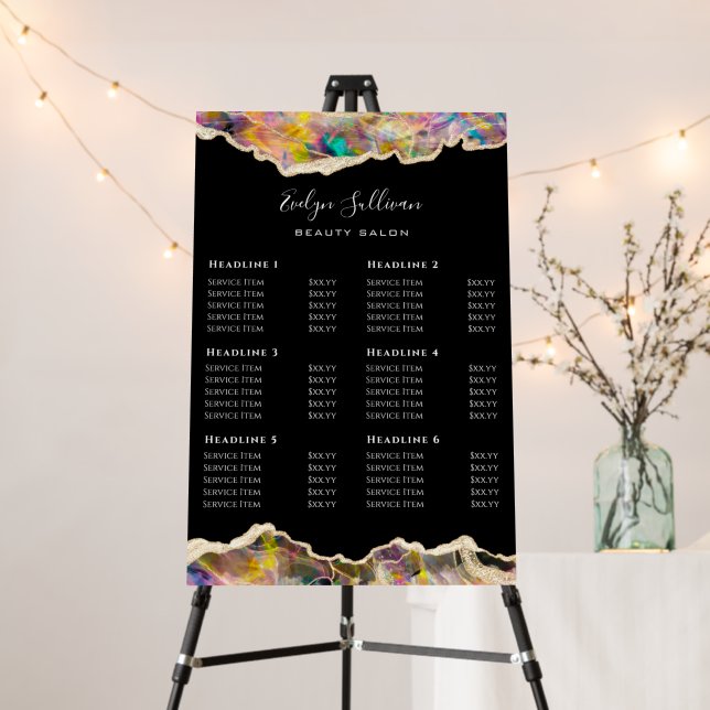 Opal design on black price list foam board (In Situ (Stand))