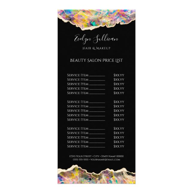 opal design on black price list rack card (Front)