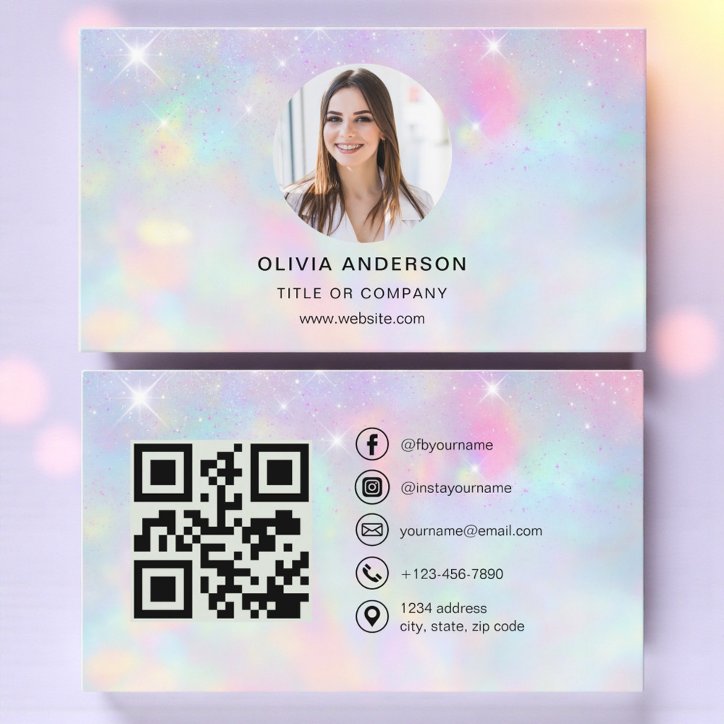 Opal Glitter Photo With QR Code Social Media Business Card