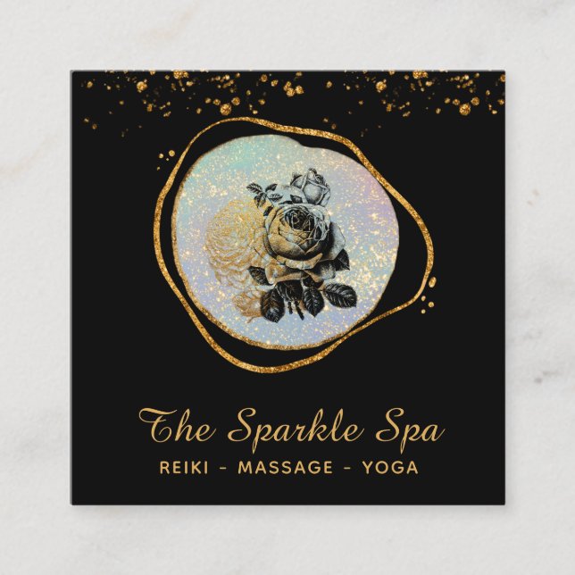 *~* Opal Gold Glitter Frame Rose Floral Square Business Card (Front)