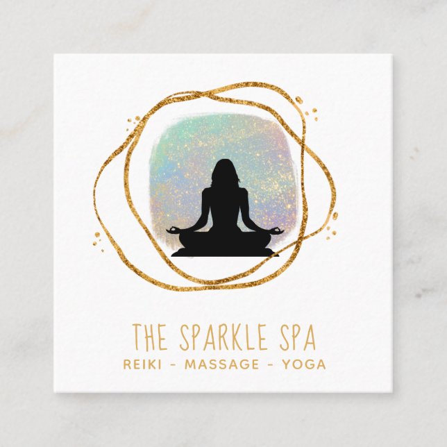 *~* Opal Gold Glitter Mindful  Woman Meditation Square Business Card (Front)