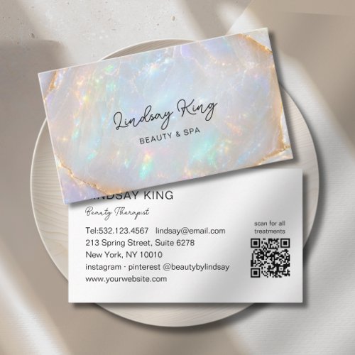 Opal Holographic Marble Salon QR Code Appointment Card