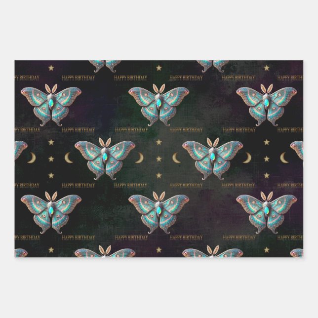 Opal October Birthstone Moth Happy Birthday  Wrapping Paper Sheets (Front)