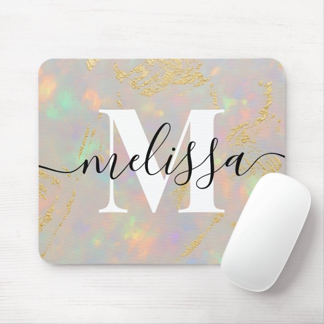Opal Stone Monogram Calligraphy Mouse Pad (With Mouse)