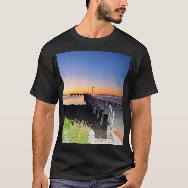Opal Sunset: Sun Setting Over A Wharf, T-Shirt (Front)