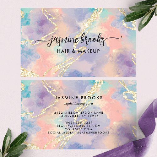 Opal Watercolor Gold Glitter Business Card