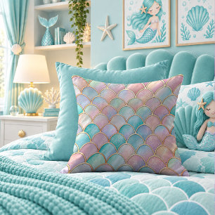 Opalescent Aqua Mermaid Scales Decor Throw Pillow
