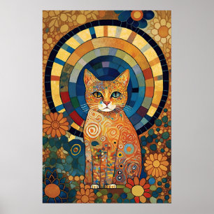 Opalescent Cat in Mosaic-Like Romanesque Design Poster