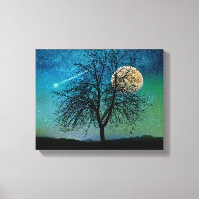 Opalescent Sky, tree, harvest moon, shooting star Canvas Print (Front)