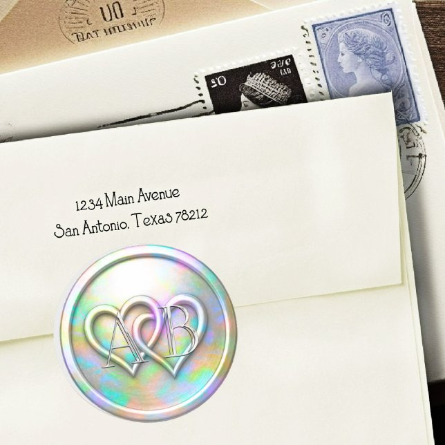 Opalescent Two Hearts Silver Monogram Classic Round Sticker (Creator Uploaded)