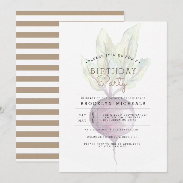 Opaque Beets | Organic Veggie Watercolor Birthday Invitation (Front/Back)