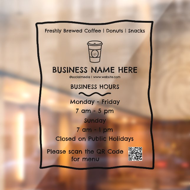 Opaque Café Coffee Shop QR Code Business Hours Window Cling (Sheet 2)