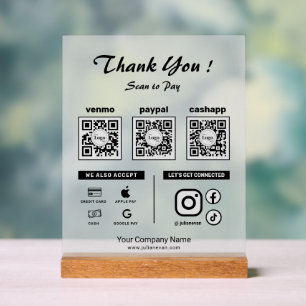 Opaque Clean Scan to pay 3 QR Codes Thank you Acrylic Sign