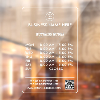 Opaque White Opening Business Hours With Logo Window Cling