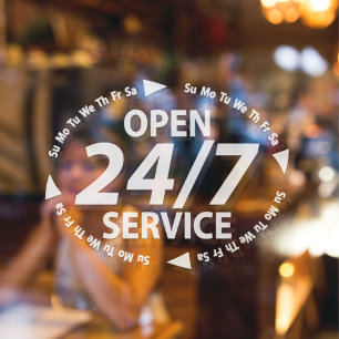 Open 24/7 Services Hours Time White Transparent Window Cling