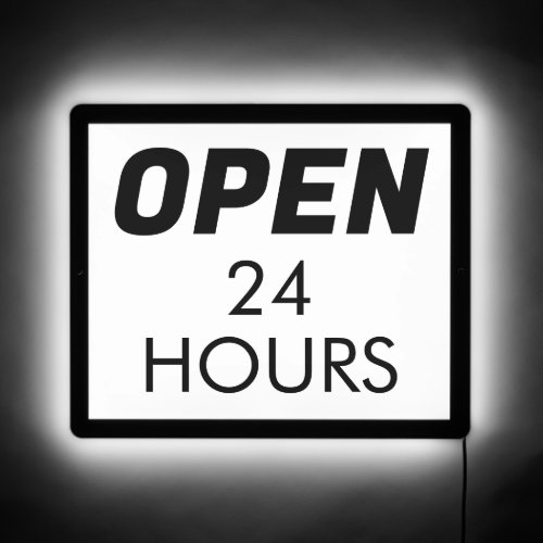 Open 24 H  Neon White and Black Script LED Sign