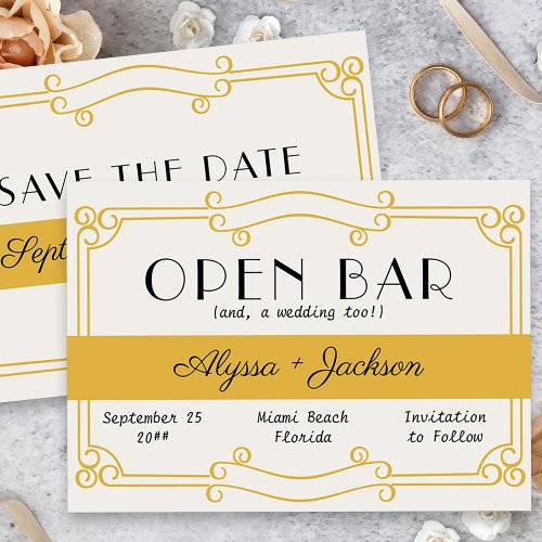 Open Bar Art Deco Ochre Yellow and Grey Save The Date