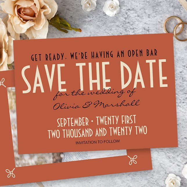 Open Bar Art Deco Orange Photo Save The Date (Vintage Orange Wedding Save the Date Card with photo)