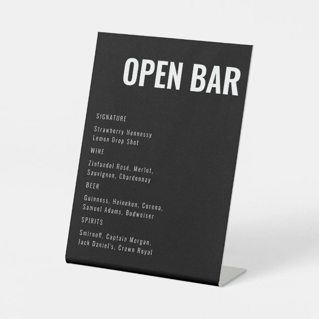 Open Bar Black Modern Minimalist Wedding Bar Sign (Front)