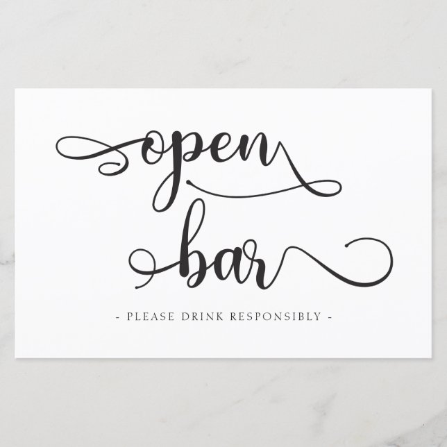 "Open Bar" Black White drinks Wedding Sign (Front)