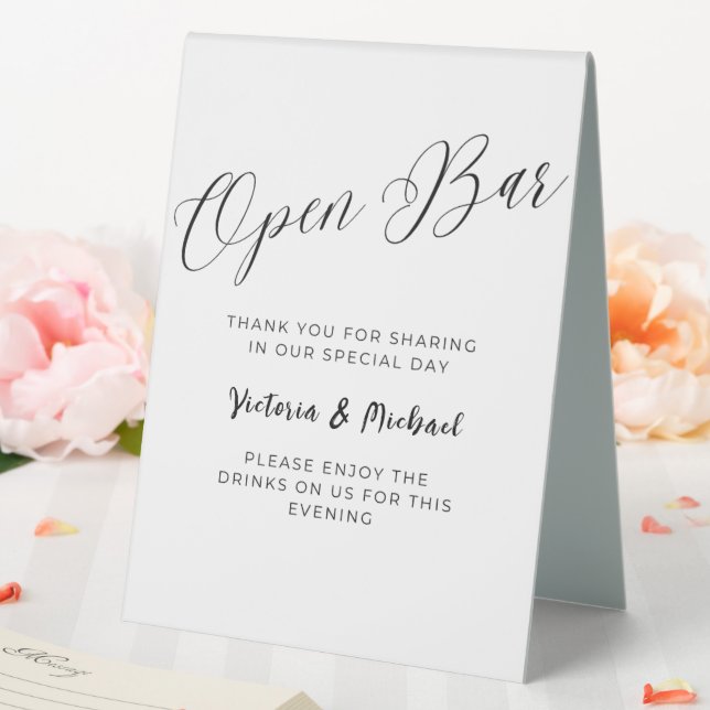 Open Bar Black & White Script Personalized Wedding Table Tent (In SItu (Wedding))