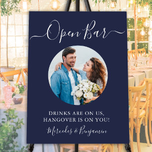 Open Bar Custom Photo Navy Blue Wedding Drinks Foam Board