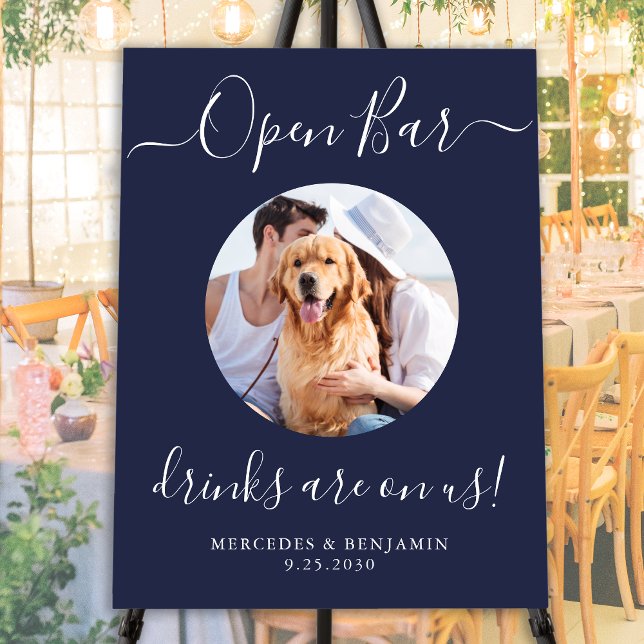 Open Bar Custom Photo Pet Dog Wedding Navy Blue Foam Board (Creator Uploaded)