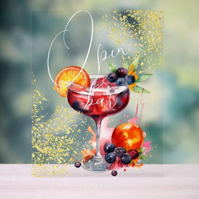 Open Bar Drinks Gold Wedding Acrylic Sign (Neutral)