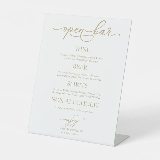 Open Bar Elegant Gold Calligraphy Wedding Sign (Front)