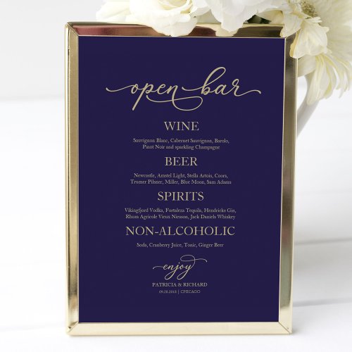 Open Bar Elegant Gold Navy Blue Wedding Sign