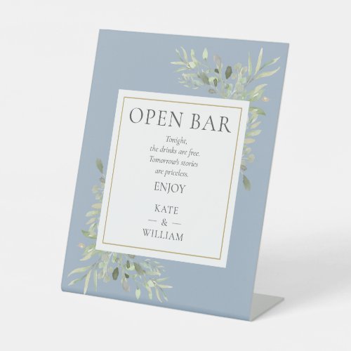 Open Bar Elegant Watercolor Greenery Dusty Blue Pedestal Sign