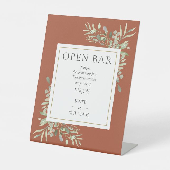 Open Bar Elegant Watercolor Greenery Terracotta Pedestal Sign (Front)
