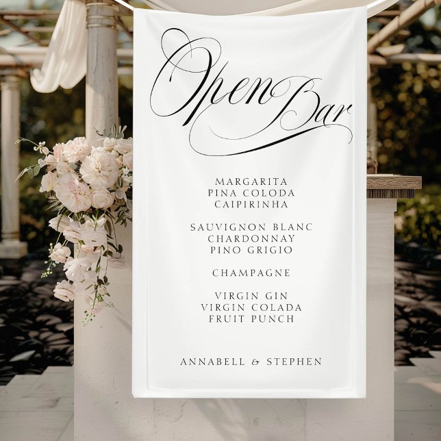 Open Bar! Modern, Calligraphy, White Banner ("Open Bar" Modern, Calligraphy, White, Drink Menu Banner for Wedding or other Occasions.)