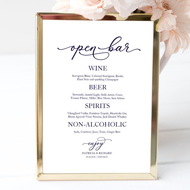 Open Bar Navy Blue Calligraphy Wedding Sign (Creator Uploaded)