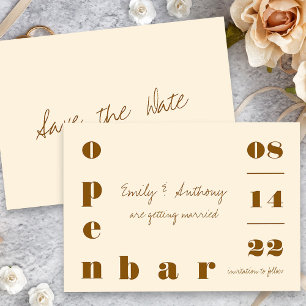 Open Bar Oversized Typography Vintage Cream Bronze Save The Date