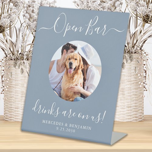 Open Bar Personalized Dusty Blue Pet Dog Wedding  Pedestal Sign