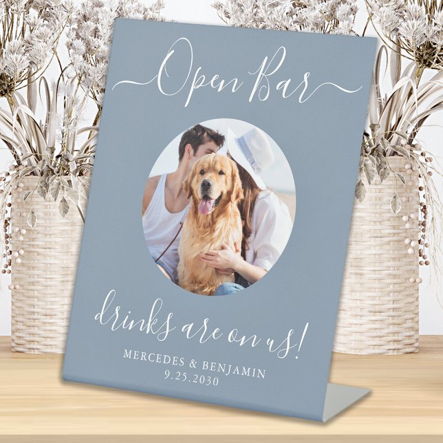 Open Bar Personalized Dusty Blue Pet Dog Wedding  Pedestal Sign (Creator Uploaded)