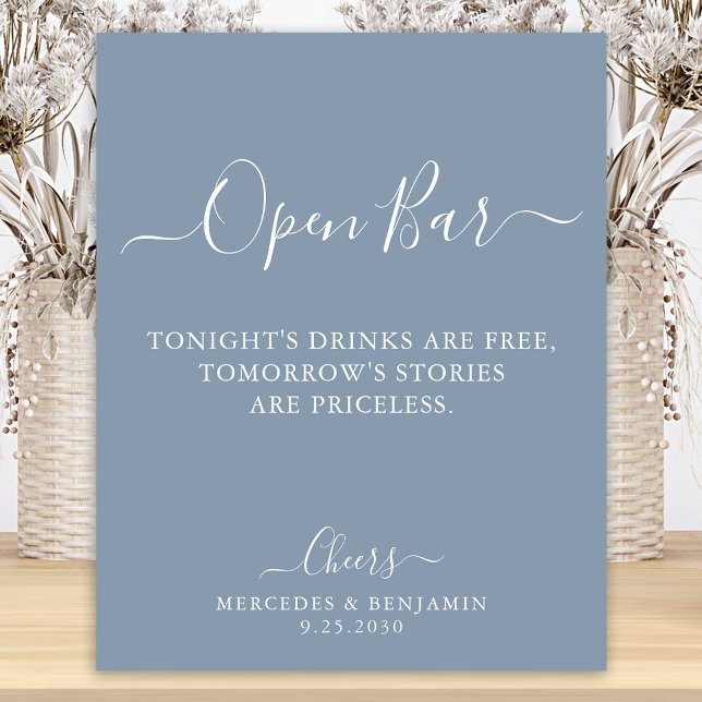 Open Bar Personalized Dusty Blue Wedding Drinks  Poster (Creator Uploaded)