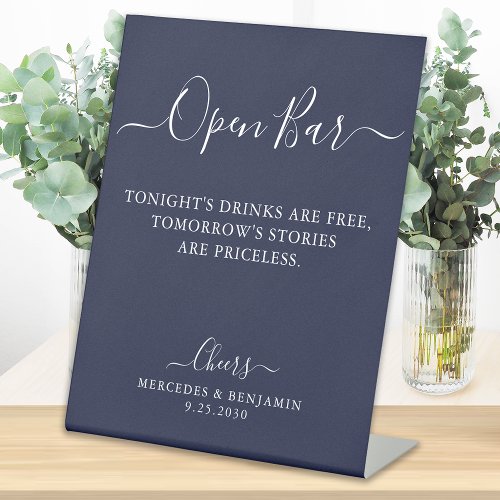 Open Bar Personalized Navy Blue Wedding Drinks Bar Pedestal Sign