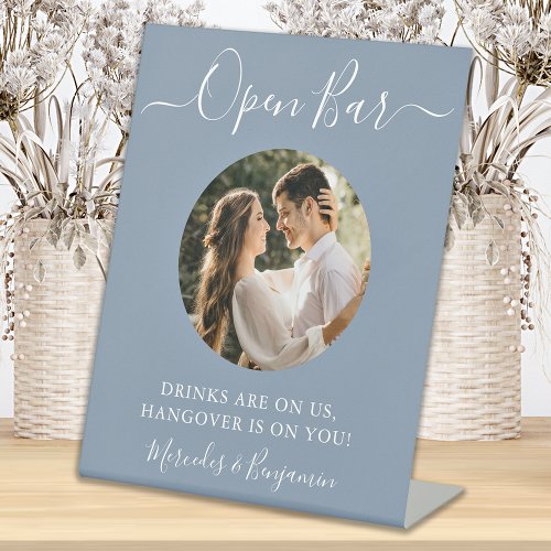 Open Bar Personalized Photo Dusty Blue Wedding  Pedestal Sign
