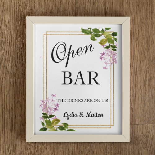 Open Bar Pink Floral wedding sign 8x10 poster