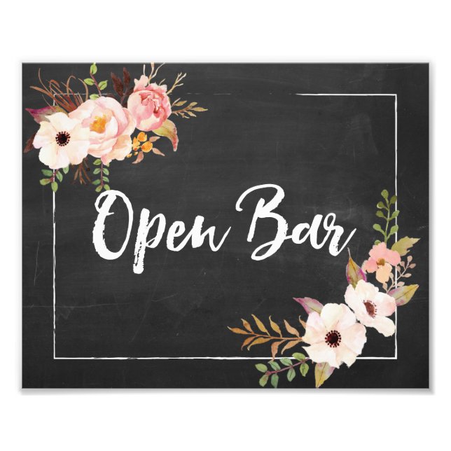 Open Bar Rustic Chalkboard Floral Wedding Sign (Front)
